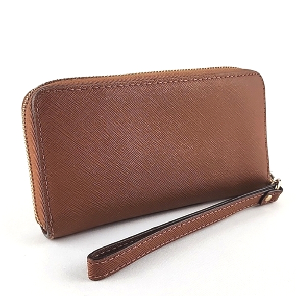 Michael Kors Jet Set Zip Around Wallet Wristlet Tan Leather Gold Tone Accents - Picture 2 of 16